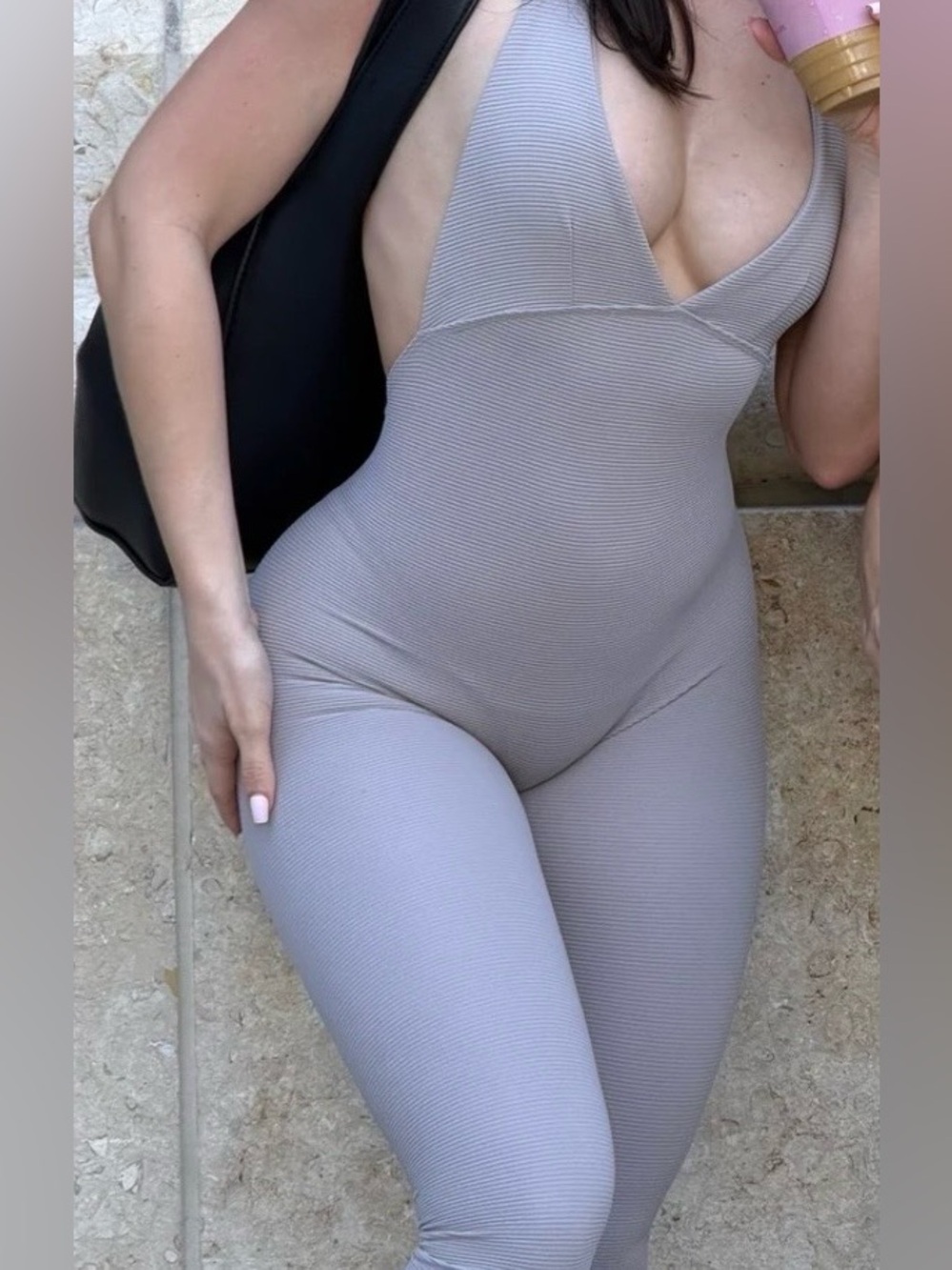 Seamless Ribbed V-Neck Sculpting Bodysuit in Light Taupe large